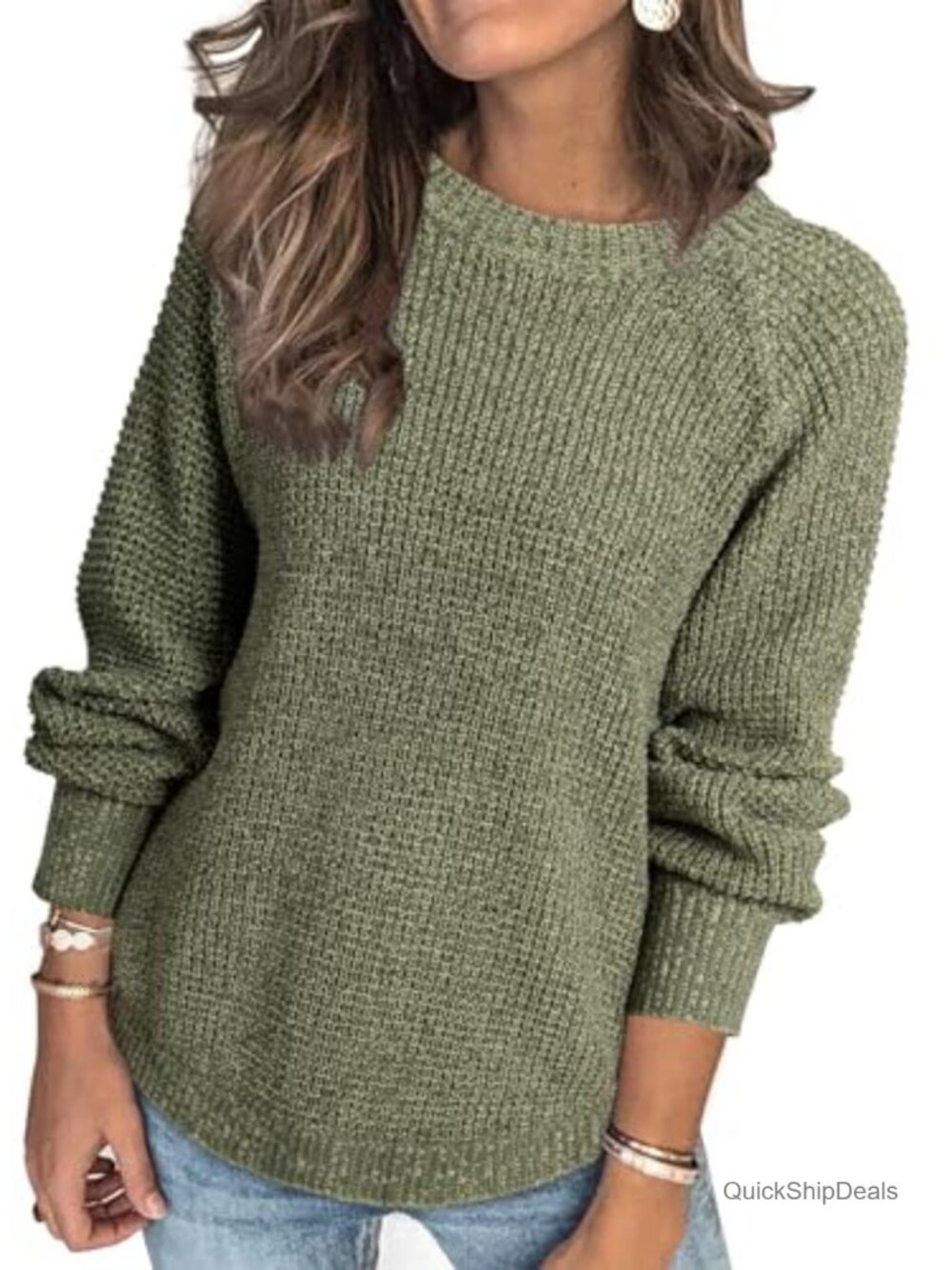 Waffle Knit Oversized Long Sleeve Crewneck Pullover Sweater Women's